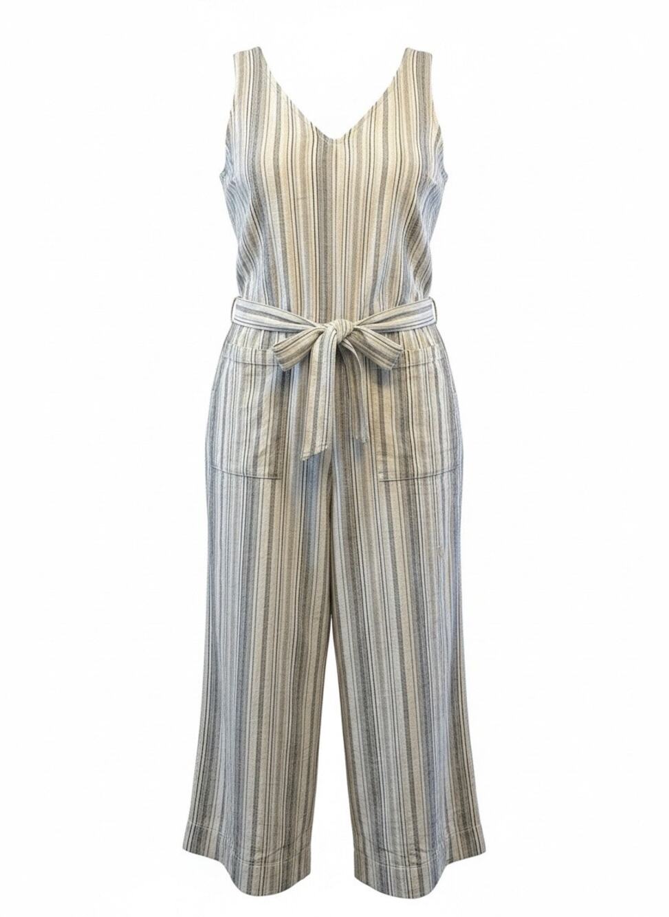 Striped Linen Blend Sleeveless Jumpsuit Romper Wide Leg Airy Womens Large